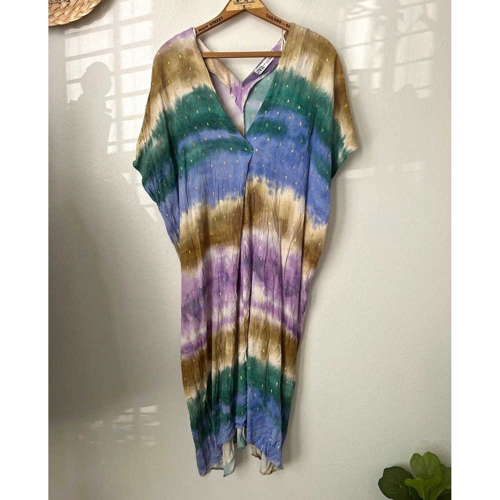 Zara Multicolor Tie Dye Kaftan Midi V-Neck Dolman Crinkle Metallic M/L hippie